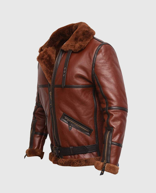 Men's RAF British Brown Shearling Aviator Leather Jacket - side angle view