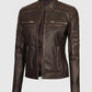 Women's Austin Dark Brown Cafe Racer Biker Leather Jacket - collar and zip close-up