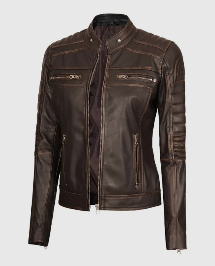 Women's Austin Dark Brown Cafe Racer Biker Leather Jacket - collar and zip close-up
