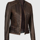 Women's Rachel Dark Brown Rub-off Cafe Racer Leather Jacket - inner lining view