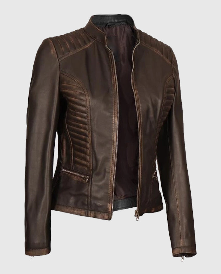 Women's Rachel Dark Brown Rub-off Cafe Racer Leather Jacket - inner lining view