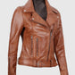 Women's Light Brown Asymmetrical Leather Biker Jacket - Belted - side angle view