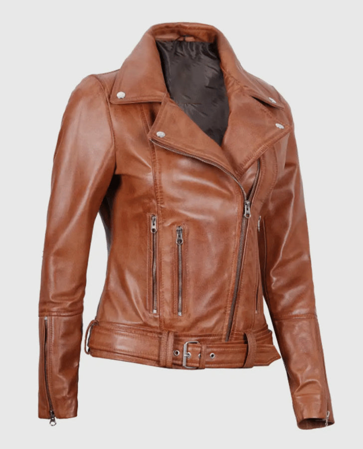 Women's Light Brown Asymmetrical Leather Biker Jacket - Belted - side angle view