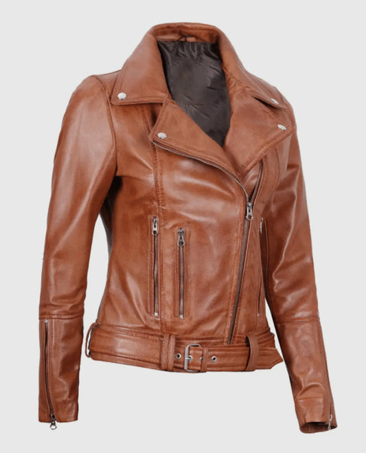 Women's Light Brown Asymmetrical Leather Biker Jacket - Belted - side angle view