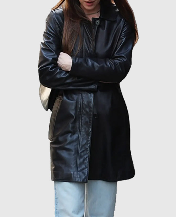 Materialists Dakota Johnson Black Leather Coat for Women - side angle view