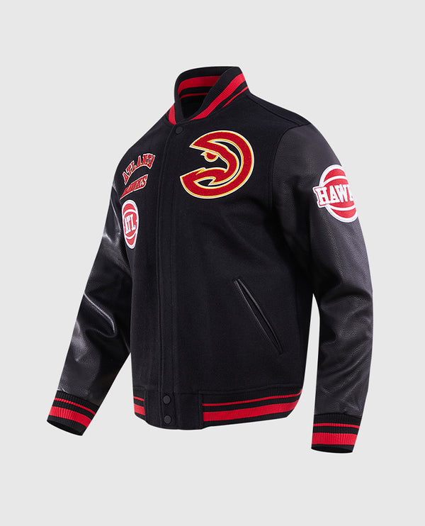 NBA Atlanta Hawks Men's Rib Black Wool Varsity Jacket - side angle view