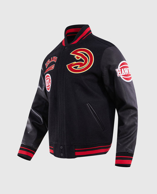 NBA Atlanta Hawks Men's Rib Black Wool Varsity Jacket - side angle view