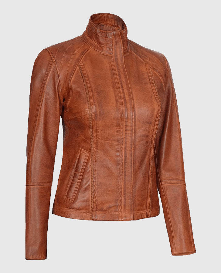 Women's Acerra Real Cognac Brown Leather Jacket – Custom Fit - inner lining view
