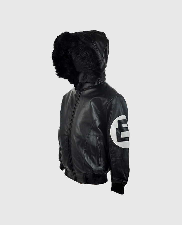 Men's 8 Ball Pool Black Hooded Bomber Leather Jacket - side angle view