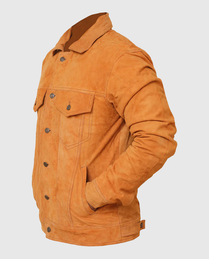 Men's Strap Pockets Tan Suede Leather Jacket – Premium Outerwear - side angle view