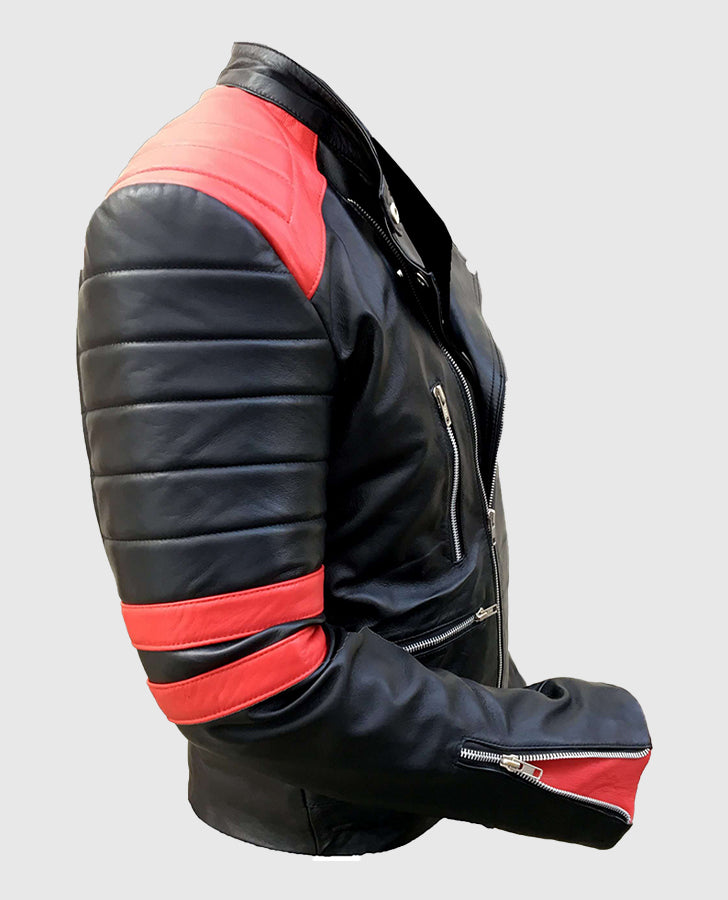 Men's Vintage Red Stripes Motorcycle Leather Jacket - side angle view