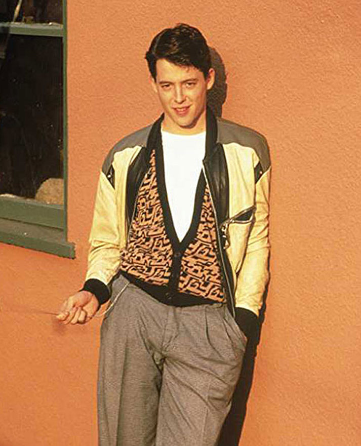 Matthew Broderick Ferris Bueller's Day Off White & Black Leather - model wearing the jacket