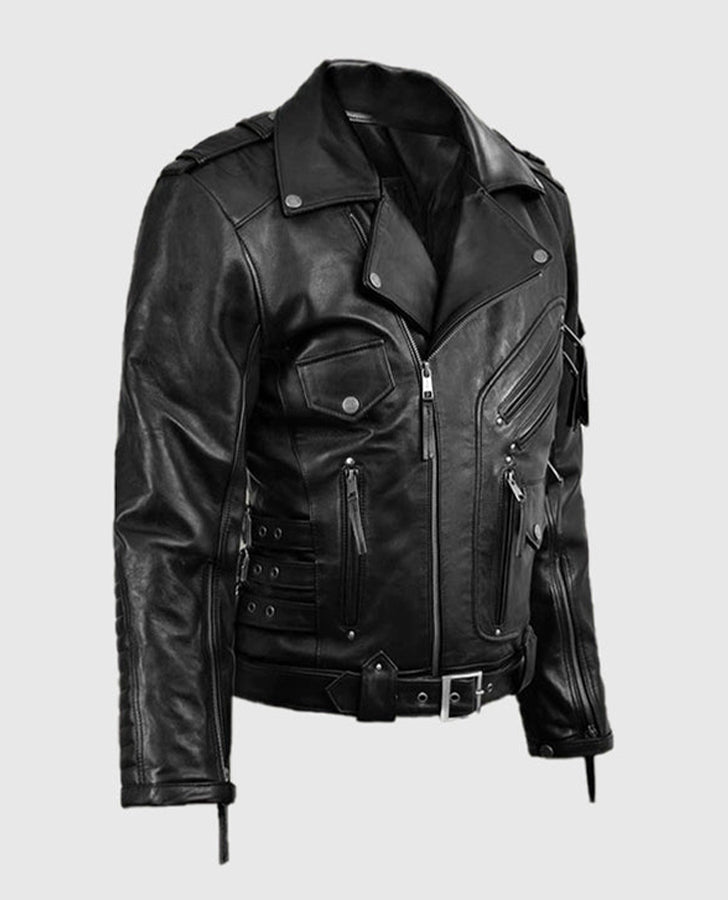 Deadwood Black Moto Leather Jacket for Men – Premium Outerwear - collar and zip close-up