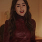 Emily in Paris S4 Lily Collins Red Leather Jacket for Women - side angle view