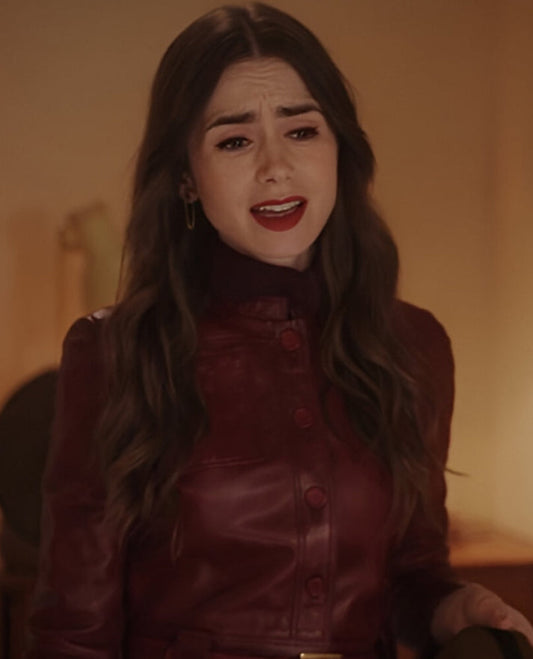 Emily in Paris S4 Lily Collins Red Leather Jacket for Women - side angle view