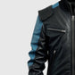 Men's Blue Black Bomber Leather Jacket – Premium Outerwear - collar and zip close-up