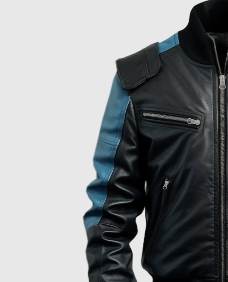 Men's Blue Black Bomber Leather Jacket – Premium Outerwear - collar and zip close-up