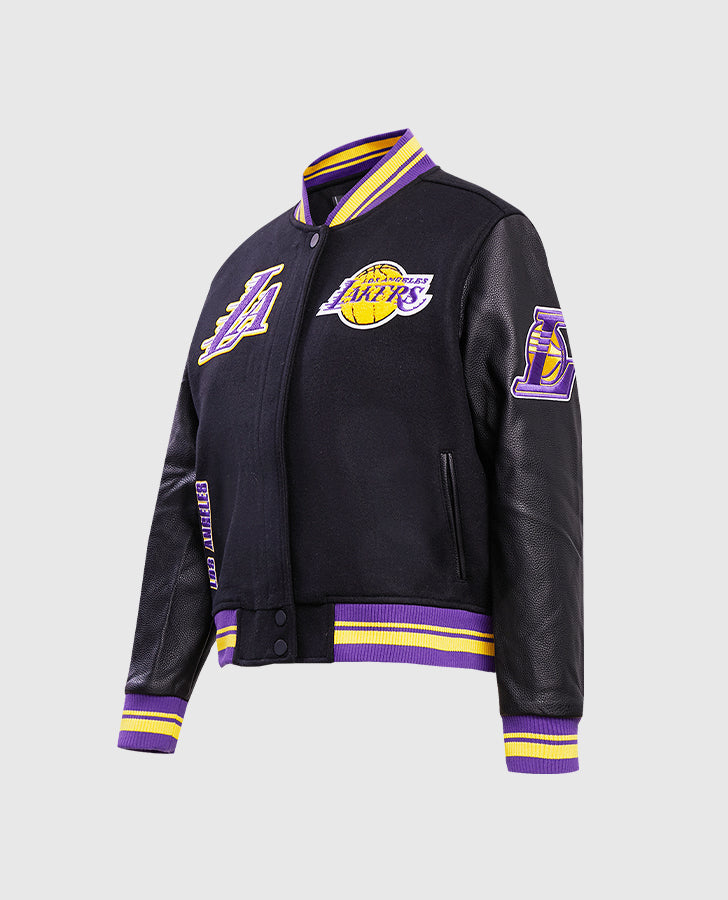 NBA Los Angeles Lakers Women's Black Varsity Leather Jacket - collar and zip close-up