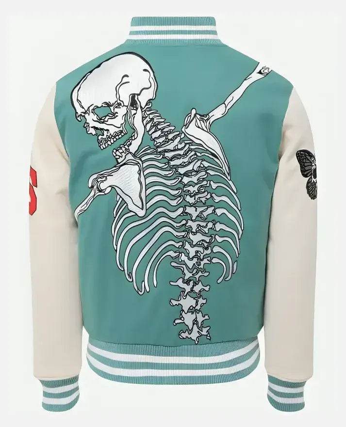 Godspeed Skull Rod Halloween White & Black Leather Jacket for Men - collar and zip close-up