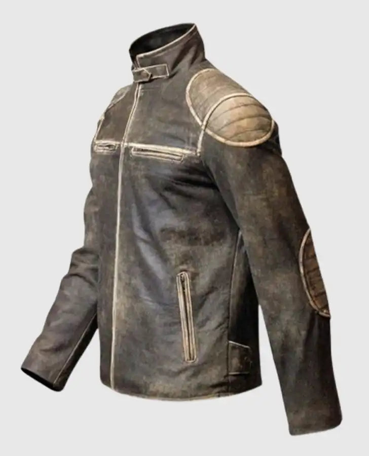 The Outlaw Rider - Distressed Leather Motorcycle Jacket for Men - collar and zip close-up