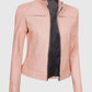 Women's Cafe Racer Light Pink Leather Jacket – Premium Outerwear - detail view