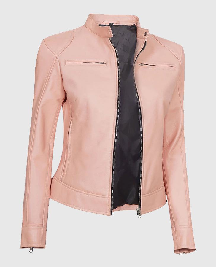 Women's Cafe Racer Light Pink Leather Jacket – Premium Outerwear - detail view