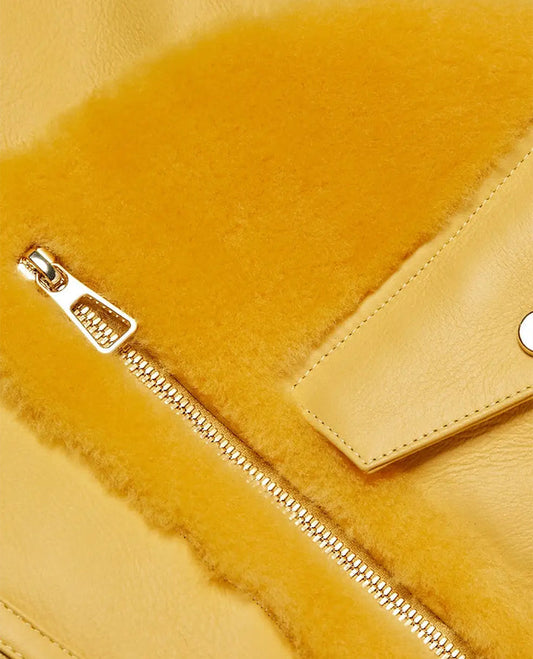 Women's Yellow Shearling Trimmed Leather Moto Jacket - side angle view
