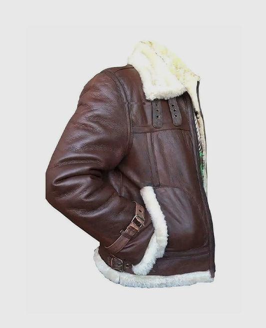 Men's RAF B3 Aviator Brown Shearling Bomber Leather Jacket - side angle view