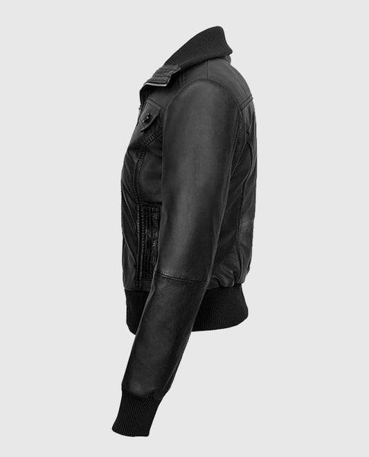Women's Bomber Black Leather Jacket – Premium Outerwear - side angle view
