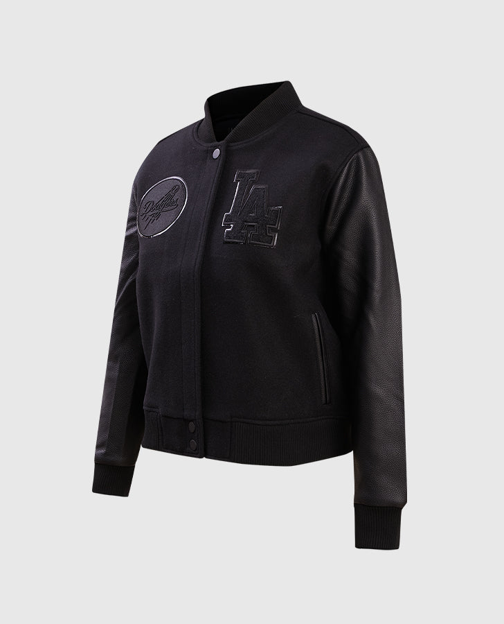 MLB Los Angeles Dodgers Women's Black Varsity Leather Jacket - collar and zip close-up