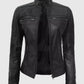 Women's Black Cafe Racer Leather Jacket – Custom Fit - collar and zip close-up