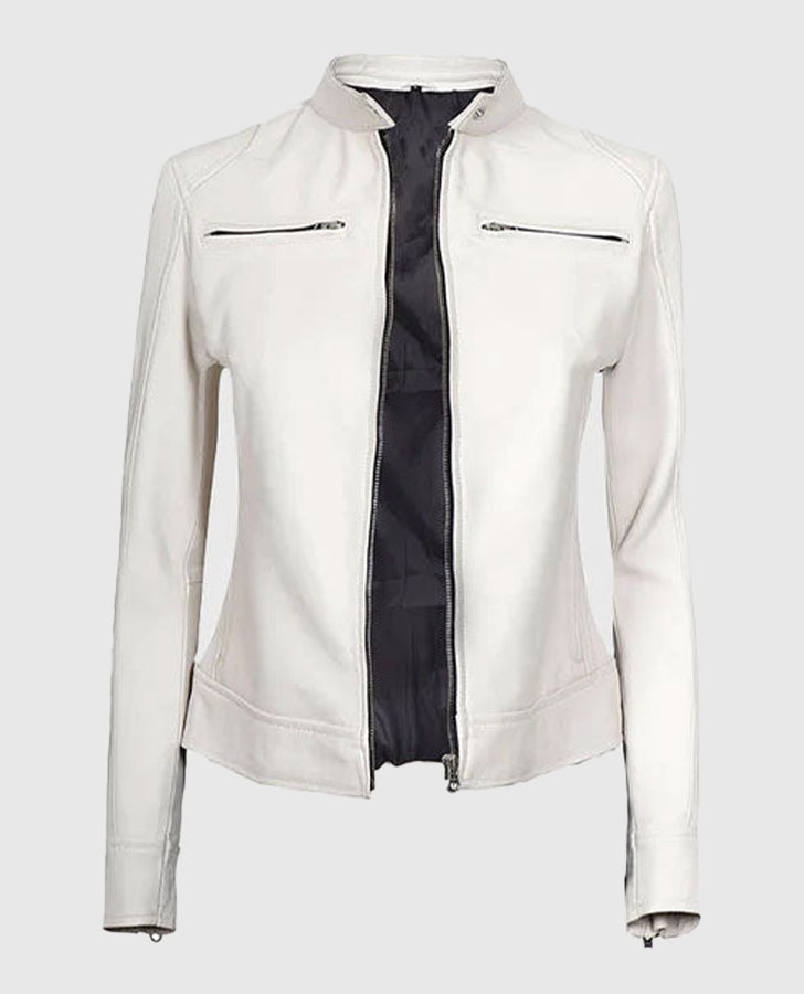 Women's White Leather Cafe Racer Jacket – Premium Outerwear - model wearing the jacket
