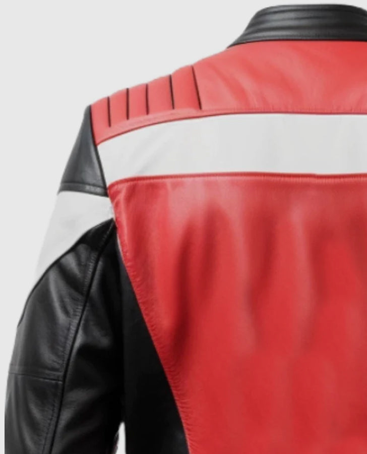 Men's Red & Black Faux Leather Jacket – Premium Outerwear - collar and zip close-up