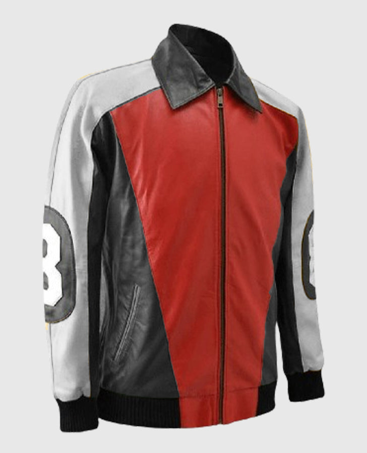8 Ball Pool David Puddy Red & Black Bomber Leather Jacket for Men - side angle view