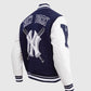 MLB New York Yankees Men's Blue Varsity Leather Jacket - side angle view
