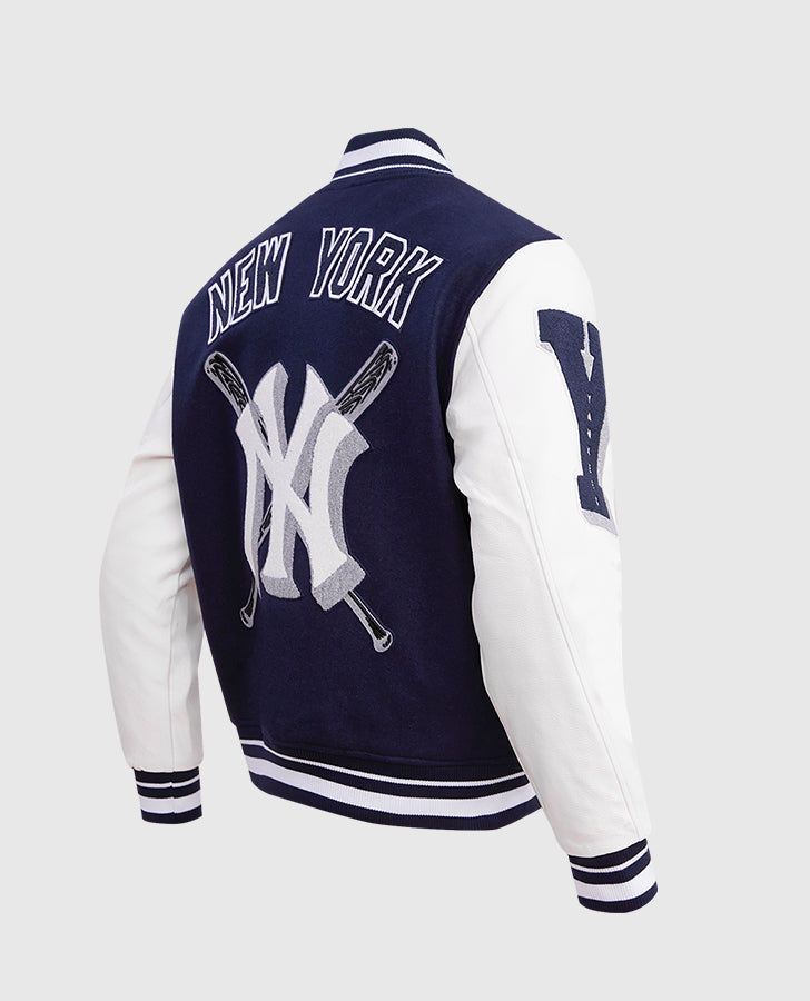 MLB New York Yankees Men's Blue Varsity Leather Jacket - side angle view