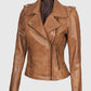 Kirsten Women's Asymmetrical Camel Brown Real Tan Leather Biker Jacket - side angle view