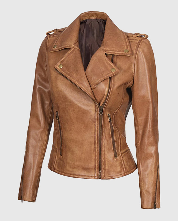 Kirsten Women's Asymmetrical Camel Brown Real Tan Leather Biker Jacket - side angle view