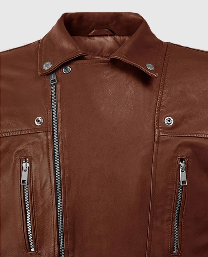 Dauntless Tan Biker Leather Jacket for Men | Genuine Leather - collar and zip close-up