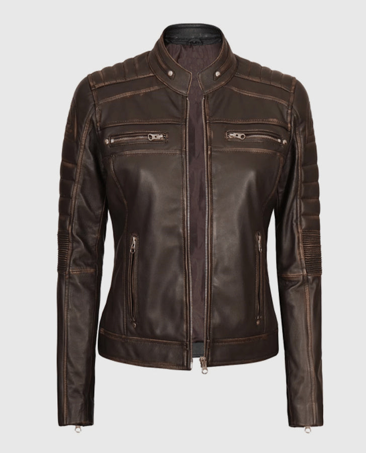 Women's Austin Dark Brown Cafe Racer Biker Leather Jacket - inner lining view
