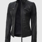 Women's Black Quilted Cafe Racer Leather Jacket – Custom Fit - collar and zip close-up