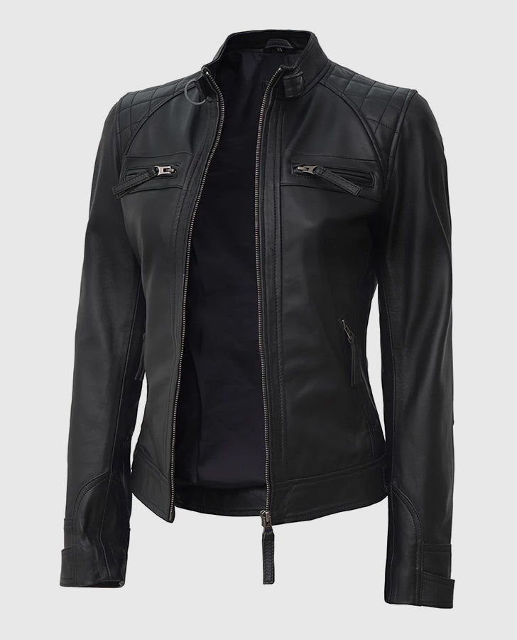 Women's Black Quilted Cafe Racer Leather Jacket – Custom Fit - collar and zip close-up