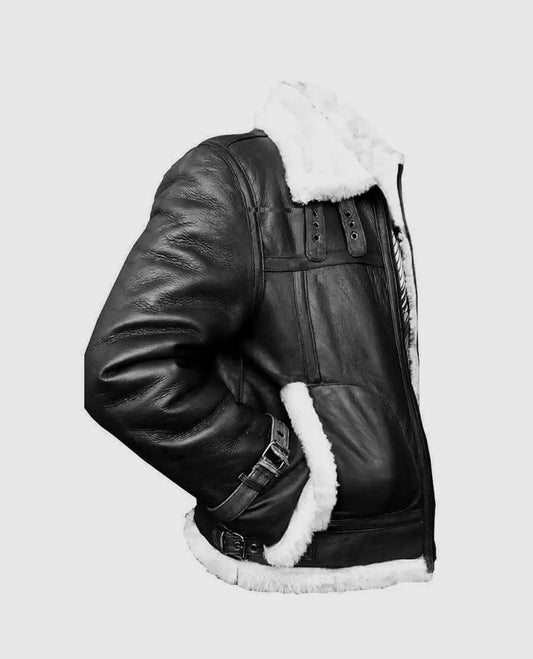 Men's RAF B3 Aviator Shearling Bomber Black Leather Jacket - side angle view