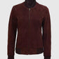 Women's Maroon Suede Leather Bomber Jacket – Premium Outerwear - side angle view