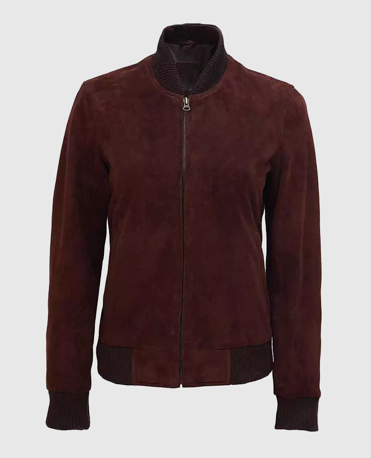 Women's Maroon Suede Leather Bomber Jacket – Premium Outerwear - side angle view
