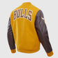 NBA Chicago Bulls Classic Wool Men's Yellow Varsity Jacket - collar and zip close-up