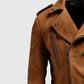 Men's Double Belted Brown Suede Leather Jacket – Custom Fit - collar and zip close-up
