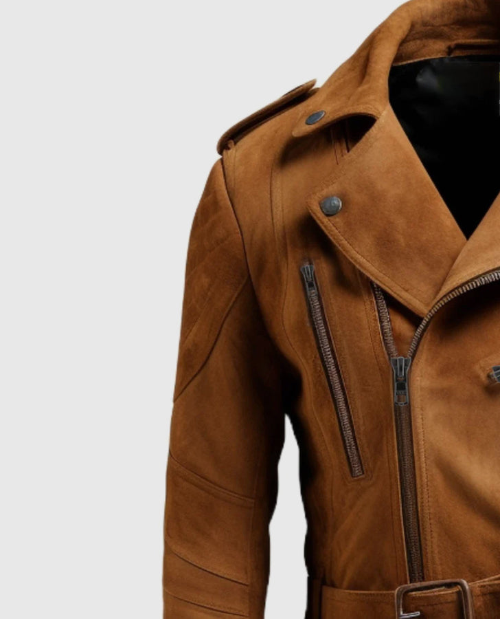Men's Double Belted Brown Suede Leather Jacket – Custom Fit - collar and zip close-up