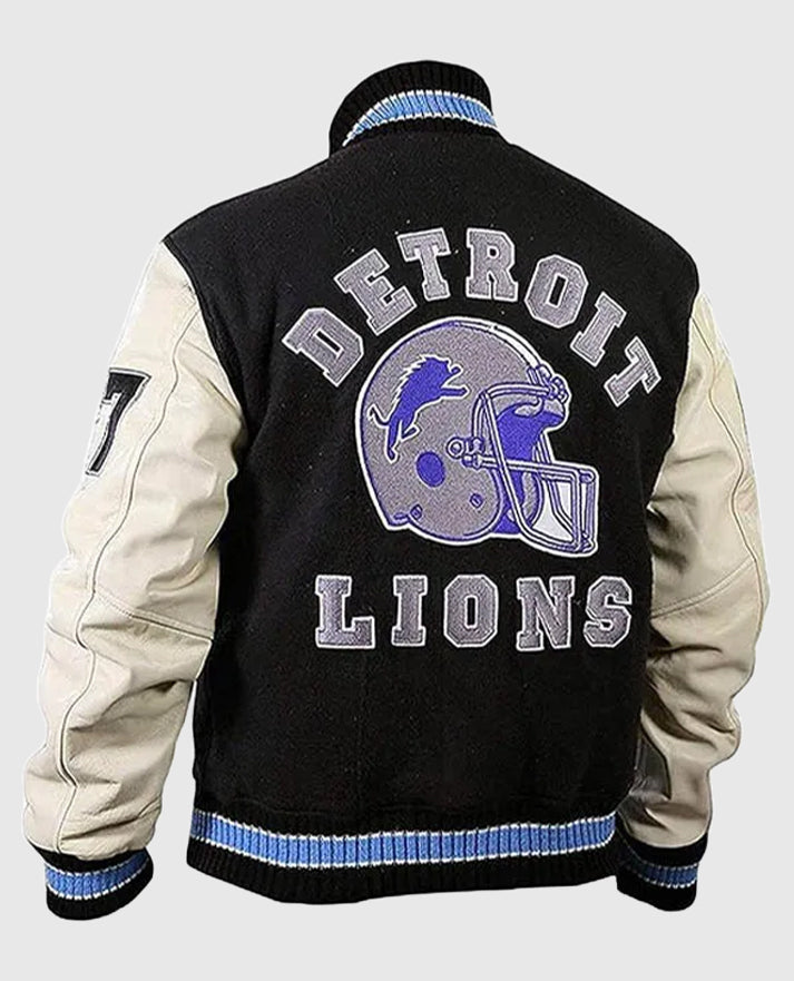 Axel Foley Detroit Lions Black Leather Jacket for Men - collar and zip close-up