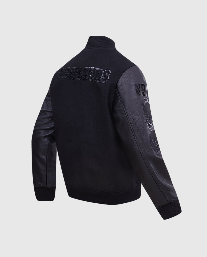 NBA Golden State Warriors Men's Black Varsity Leather Jacket - side angle view